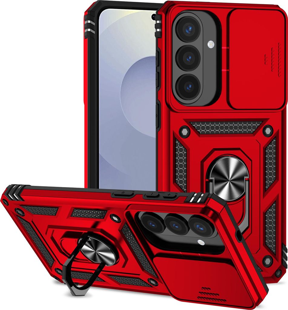 Galaxy S26+ Hülle mit Schiebe Kamera Schutz und Ringhalter Ständer Robust Rüstung Schutzhülle für Samsung Galaxy S26+ Rot