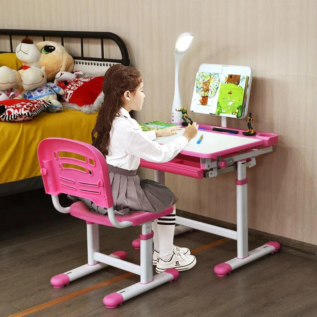 Bureau étudiant rose inclinable pour enfant avec lampe LED et sa chaise - 2