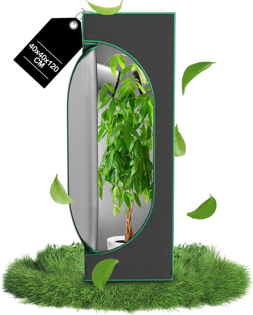 A grow tent with a plant inside, surrounded by grass and floating leaves.