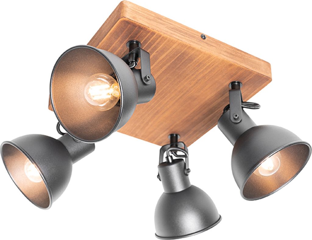 QAZQA - Industrie I Vintage I Industrie-Spot I Spotlight I Deckenspot I Deckenstrahler I Strahler I Lampe I Leuchte schwarz mit Holz neigbar 4-flam...