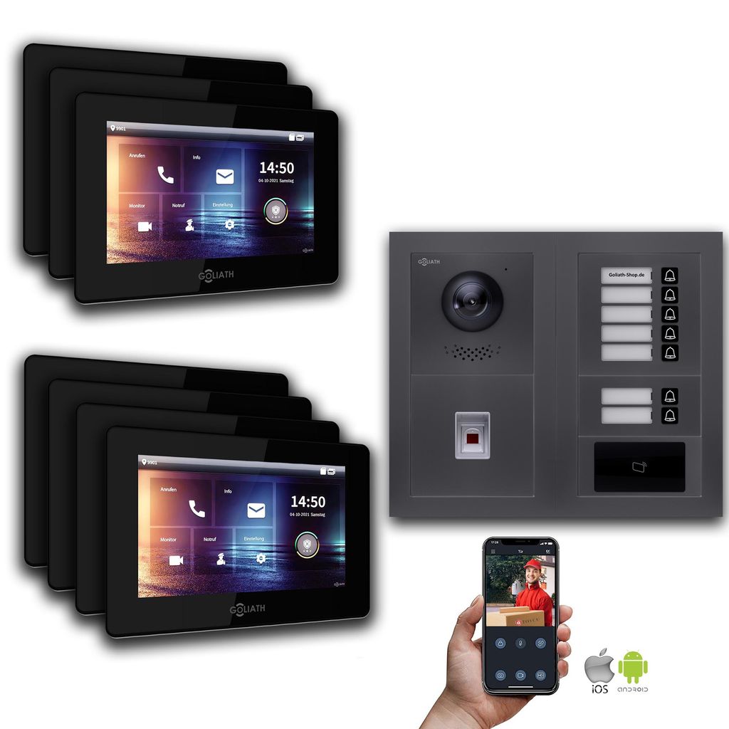 Goliath IP Video Türsprechanlage: 7-Zoll 7 Familienhaus, Fingerprint, RFID, Anthrazit : Aufputzdose : 7 Zoll in Schwarz Monitor Auswahl: 7 Zoll in...