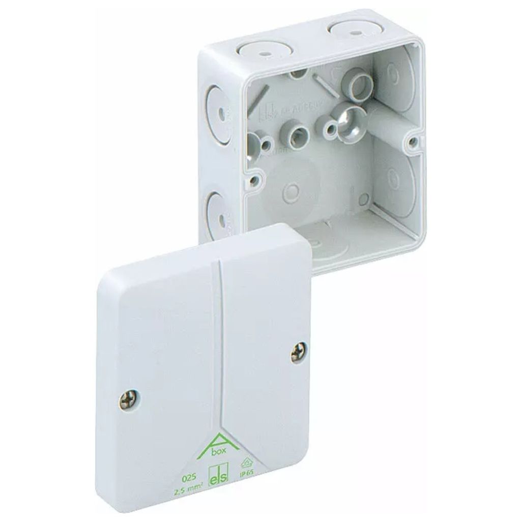 A white electrical junction box with its lid open, shown against a white background.