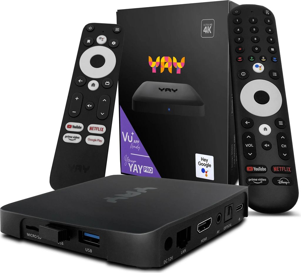 A VU+ YAY GO PRO Android TV 4K UHD Streaming Box with its accessories and packaging.