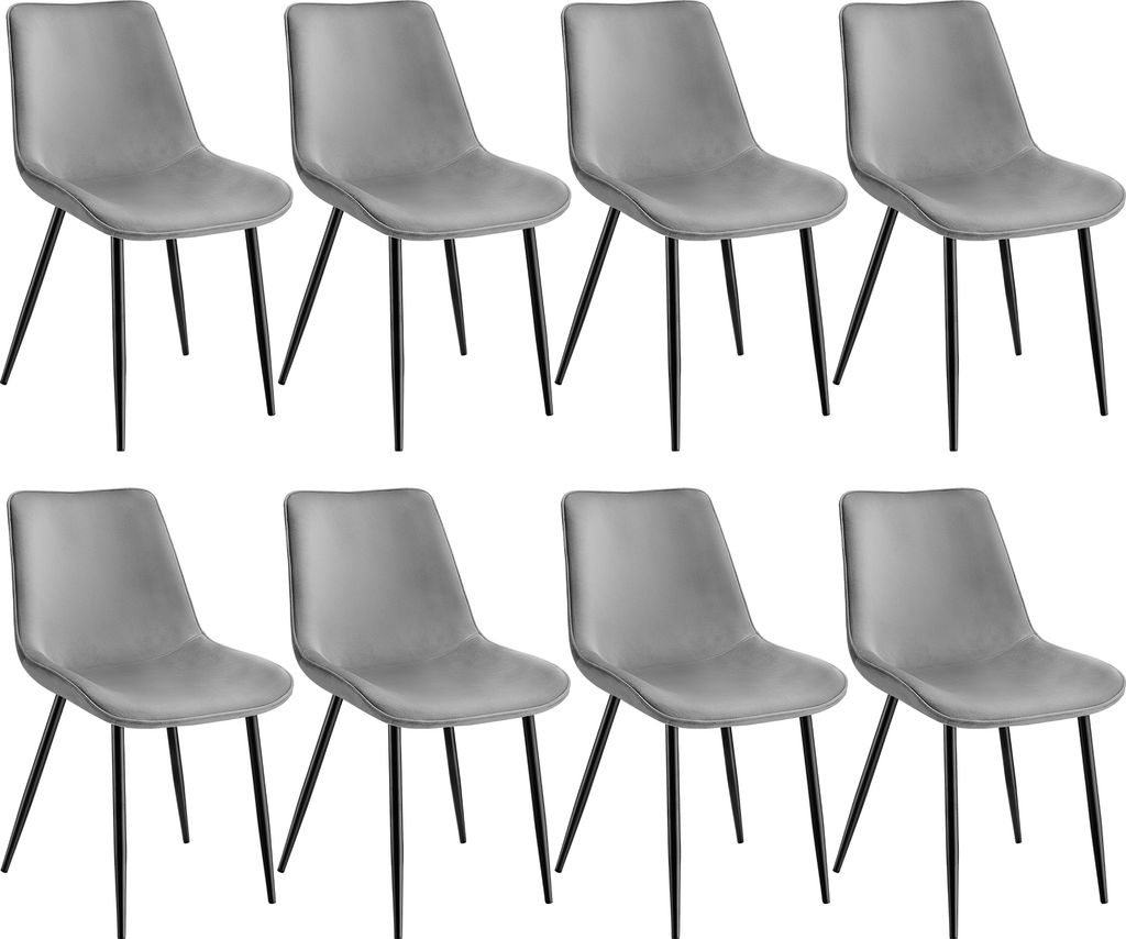 A set of eight gray dining chairs arranged in two rows of four.