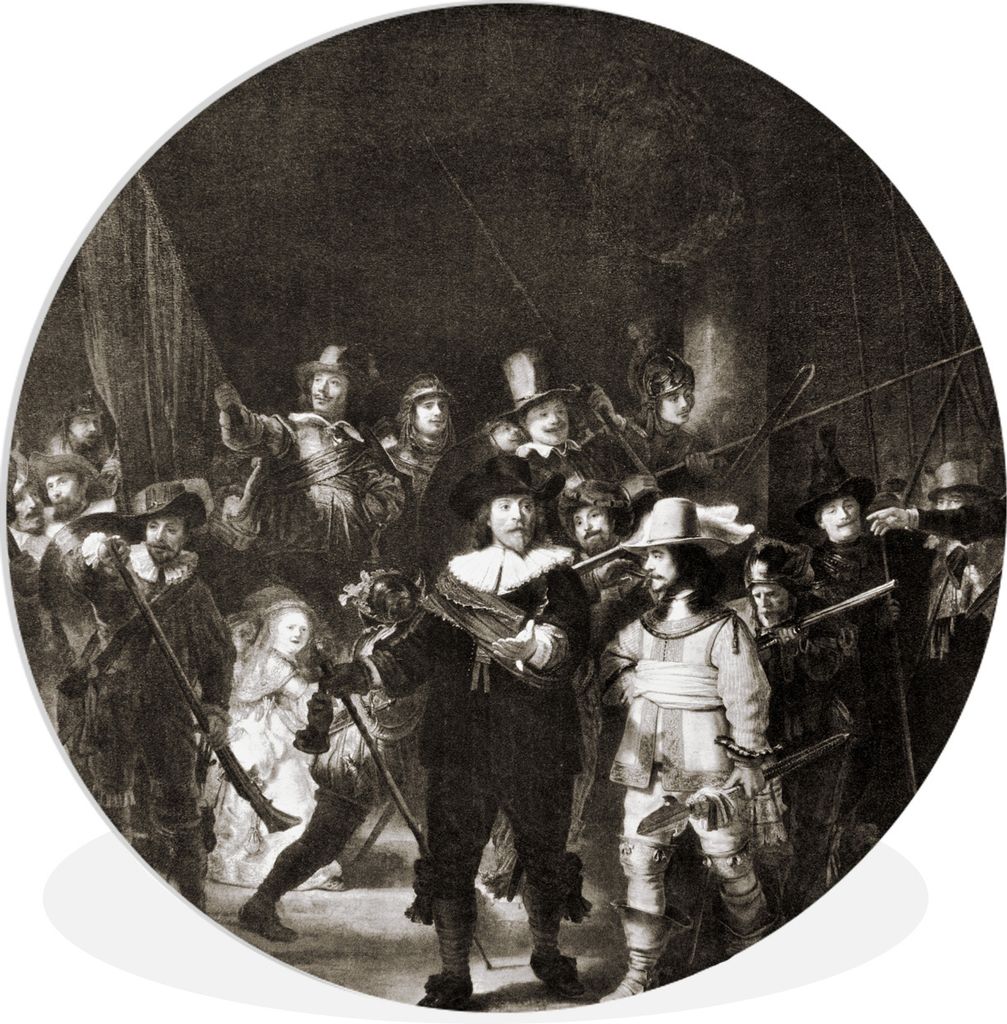 MuchoWow Rundes Wandbild - Runde Bilder Die Nachtwache in Schwarz und Weiß - Gemälde von Rembrandt van Rijn Ø 90 cm Kreis Wanddekoration Kunst...