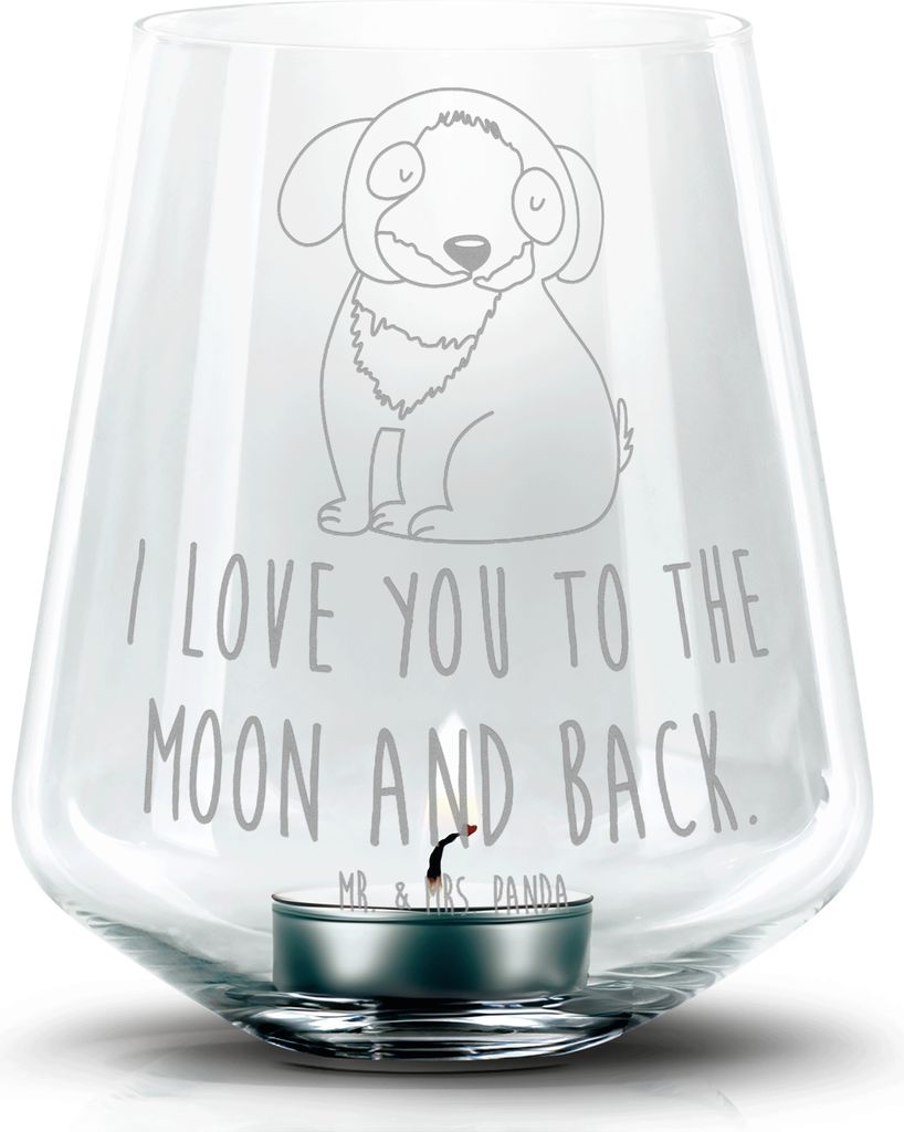 Mr. & Mrs. Panda Kerzenhalter Hund Entspannen - Transparent - Geschenk, Schwarzer, glas, Flauschig, Liebe, gravur, dekolicht, Windlicht, Sprüche, ...