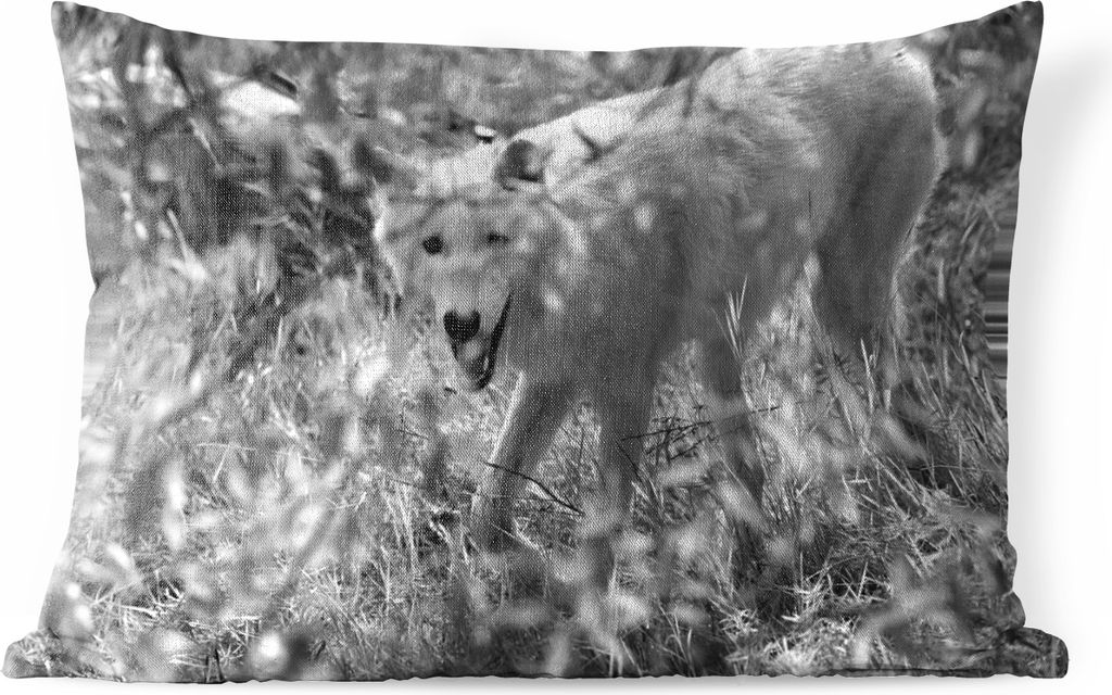 MuchoWow Outdoor Kissen - Weißer Wolf im Gras in Schwarz und Weiß - 50x30 cm - Wetterfest - Lounge Kissen - Sofa kissen - Wohnzimmer Dekoration