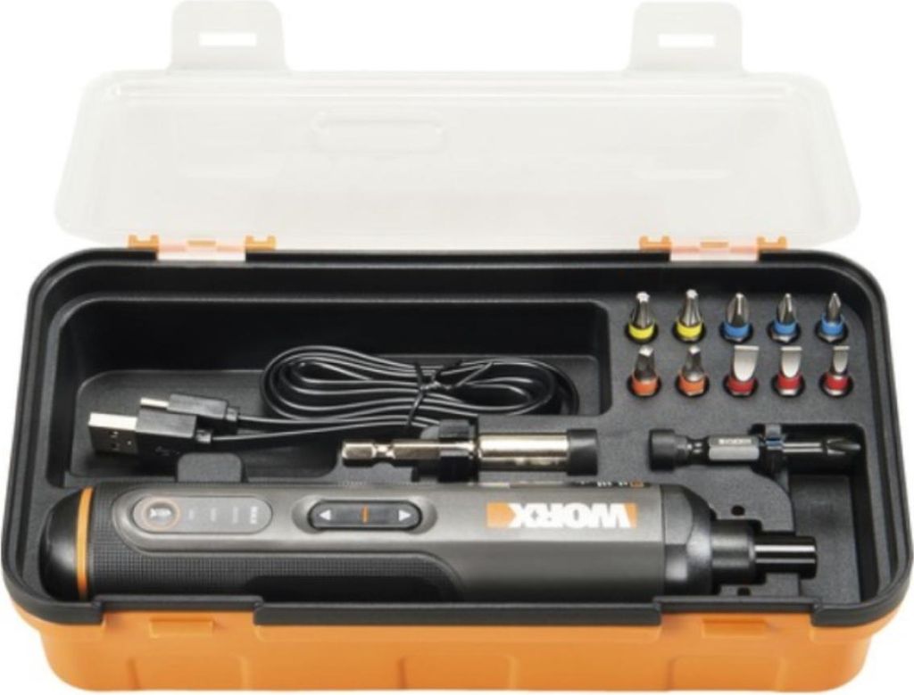 A cordless electric screwdriver set in its case, with various bits and a charging cable.