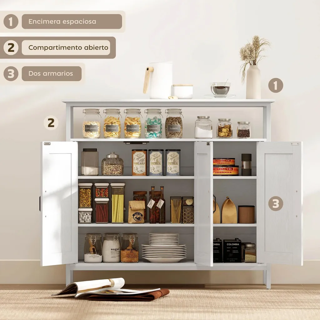 Buffet Blanc 100cm à 3 Portes et Compartiment Ouvert Style Moderne - 3