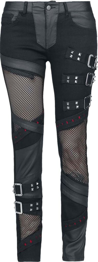 Gothicana by EMP Damen schwarze Jeans mit Mesh und Lederoptik-Details W28L30
