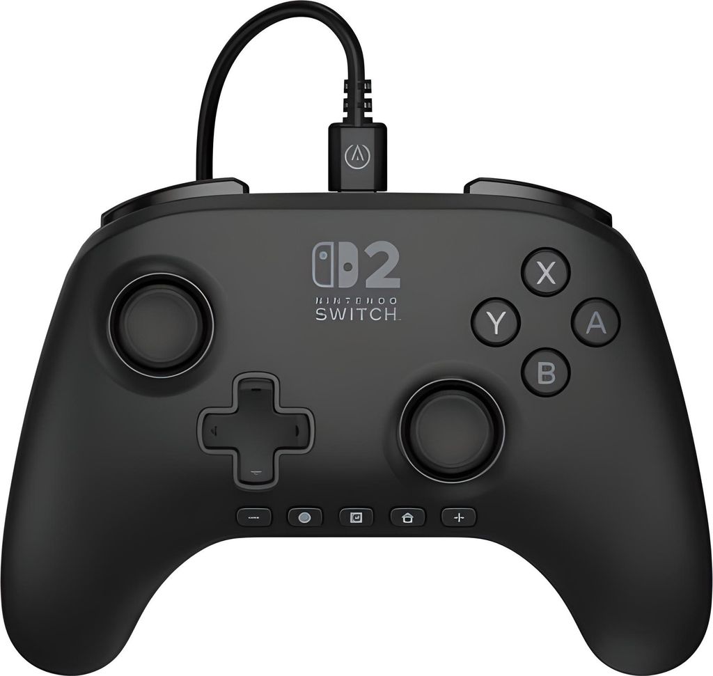 A black Nintendo Switch controller with a USB cable attached, shown from a front-facing perspective on a white background.