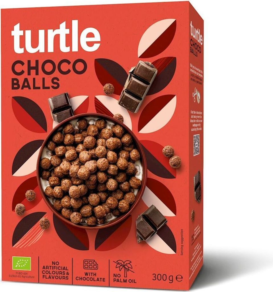 A box of Turtle Choco Balls cereal with a bowl of cereal and chocolate pieces shown on the front.