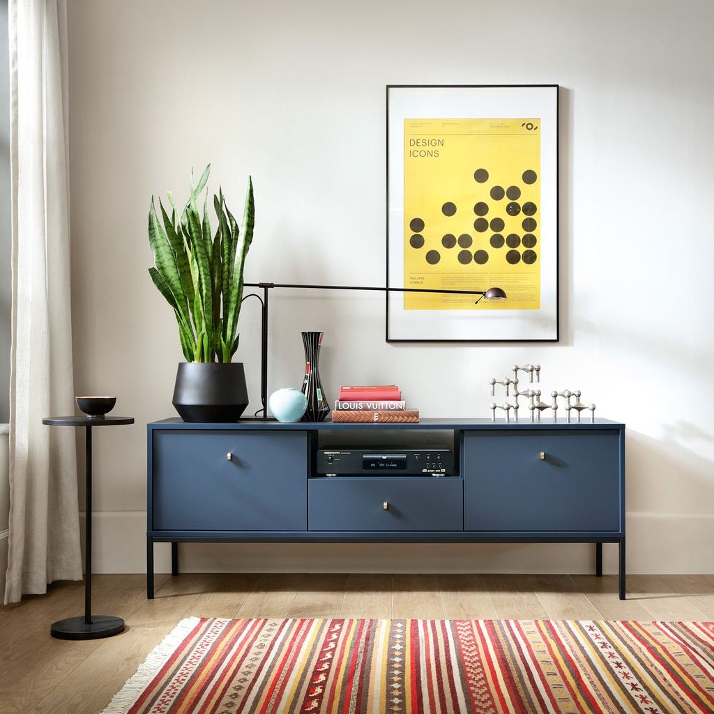 Masseno TV-Schrank MONDO 153,4 cm Fernsehschrank mit 1 Schubladen und 2 Türen TV-Lowboard für Wohnzimmer Modern 153,4x39x56,2 cm Blau / Blau