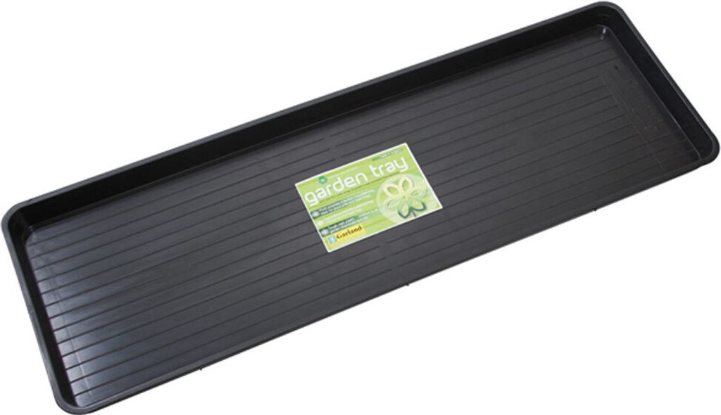 A black rectangular garden tray with a label on it, placed on a white background.