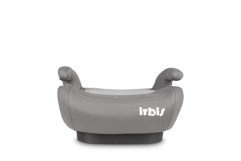 A gray car seat booster with the brand logo visible.
