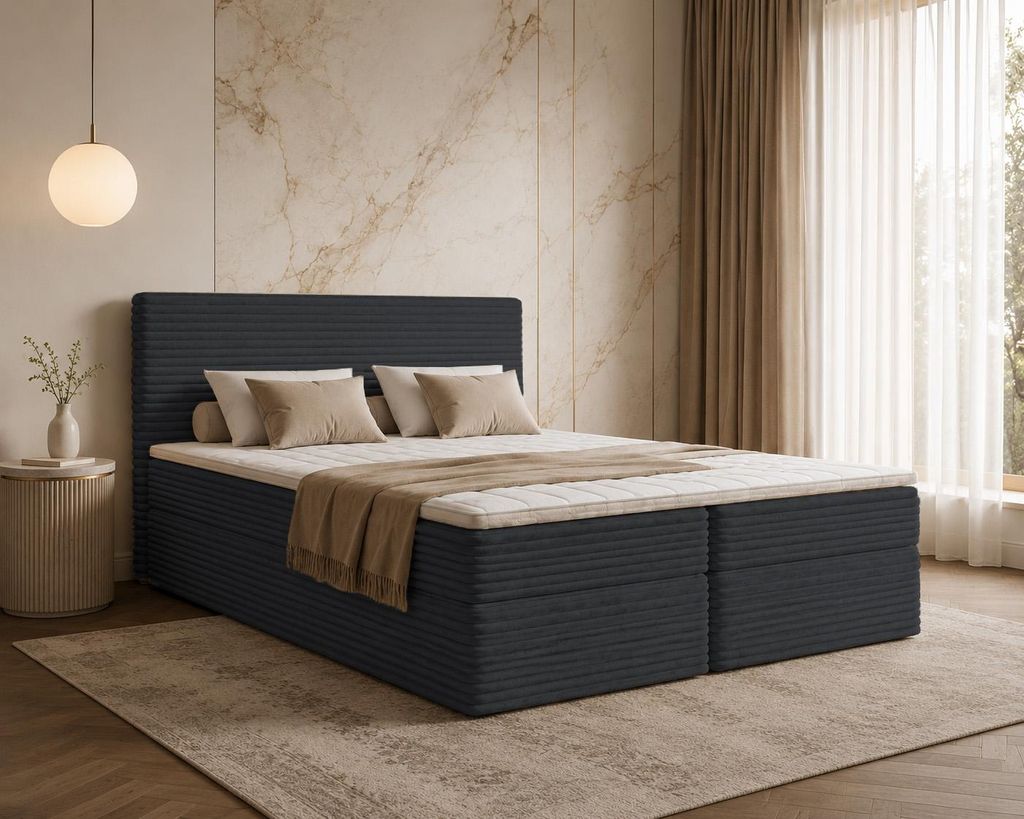 Bett Boxspringbett NESO Topper VISCO mit Bettkästen - Doppelbett, Stauraum, Schlafzimmer, Polsterbett, Bettgestell (120x200, Schwarz - Tilia 100)