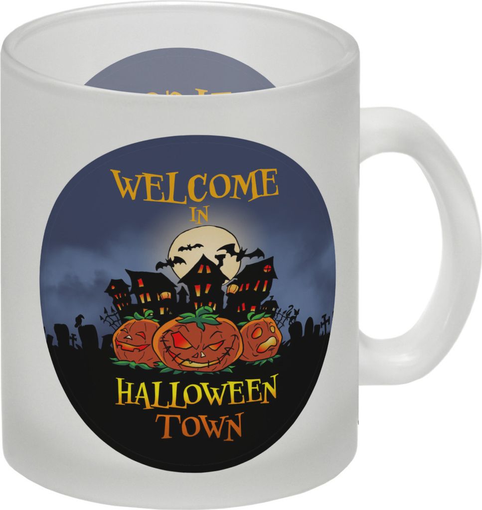 Glas Tasse mit gruseligem Motiv und Spruch - Welcome in Halloween Town -