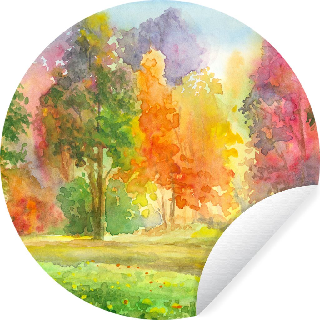 MuchoWow Runde Wandtattoo - Wandsticker Tapete Aufkleber Eine bunte Illustration von Bäumen Ø 100 cm Selbstklebend und Repositionierbar - Wanda...