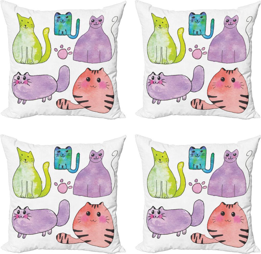 ABAKUHAUS Kätzchen Kissenbezug Set (4 Stück), Katzen in Aquarell Stil, Moderner Doppelseitiger Digitaldruck, 50 cm x 50 cm, Mehrfarbig