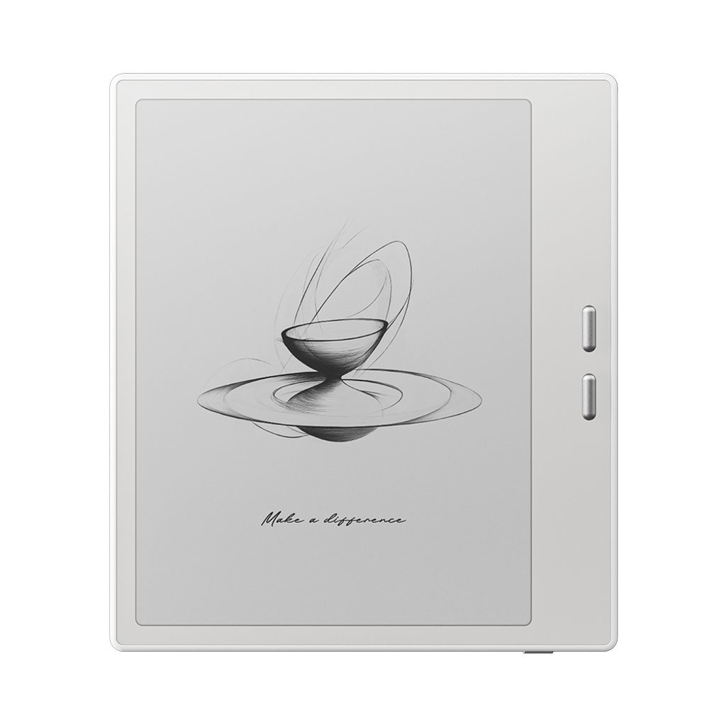 A white e-reader device displaying a sketch of a bowl and plate with the text 'Make a difference' below.