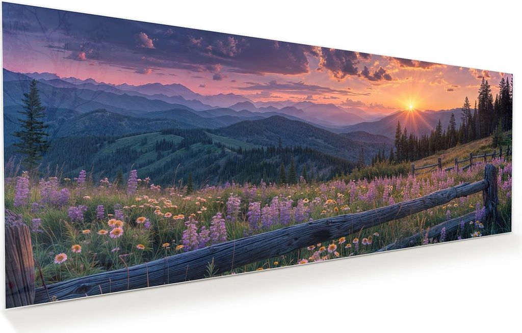 Glasbild 150x60cm in XXL für Wohnzimmer, Schlafzimmer Motiv Sonnenuntergang Wiese