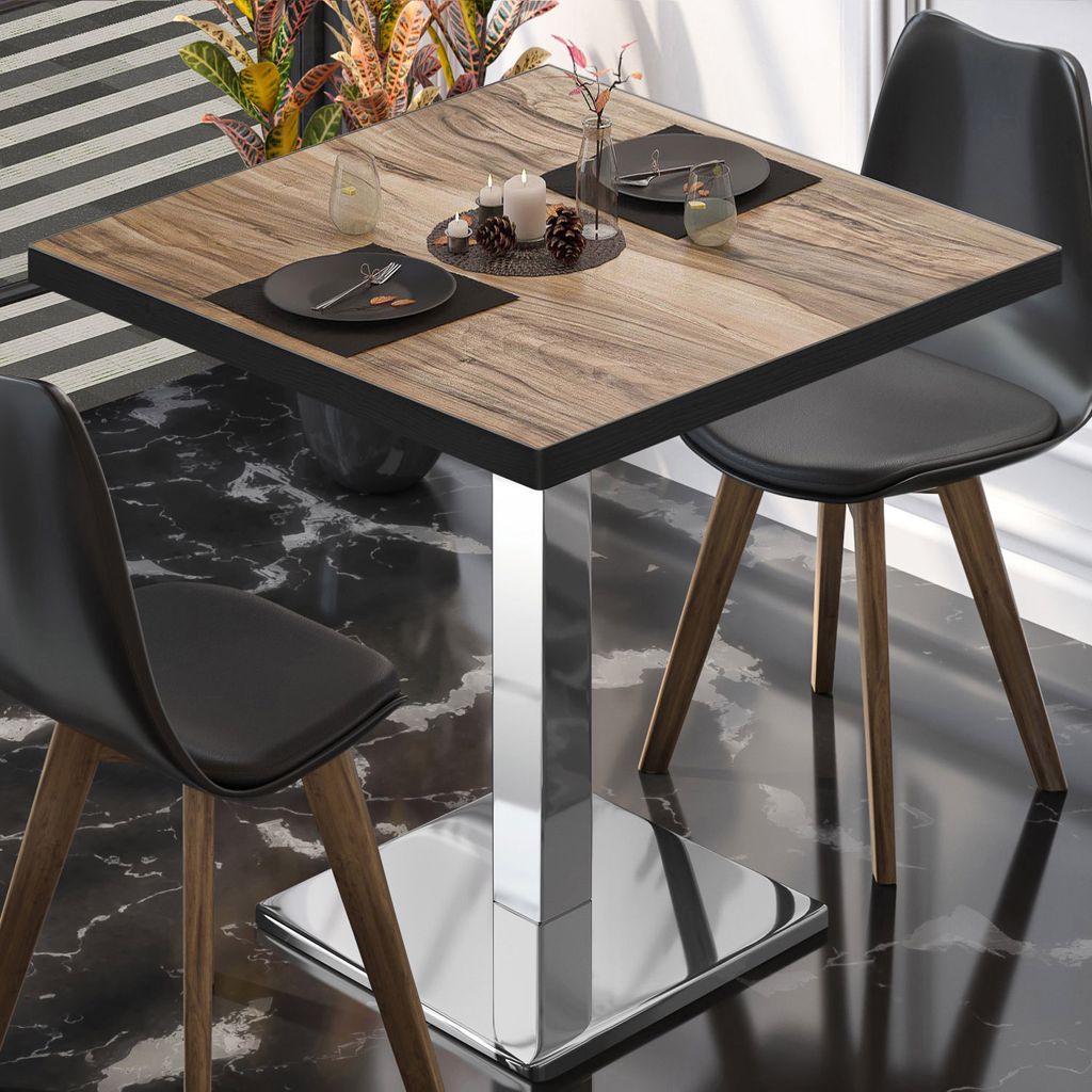 BM | Bistrotisch | B:T:H 80 x 80 x 75 cm | Sheesham / Edelstahl | Quadratisch | Schwarzer Rand | Bistro Tisch Esstisch