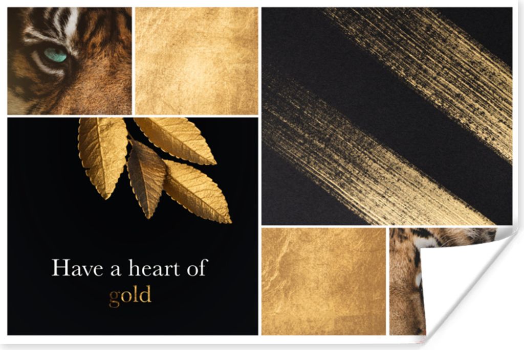 MuchoWow Poster Collage - Tiger - Blattgold 90x60 cm - Schlafzimmer