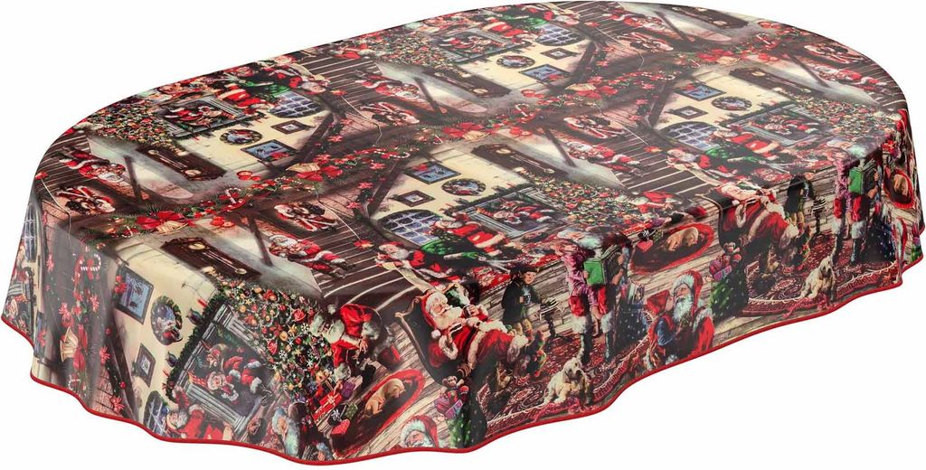 Tischdecke Wachstuch Weihnachten Rot Robust Wasserabweisend Oval Breite 140 cm Länge 220 cm