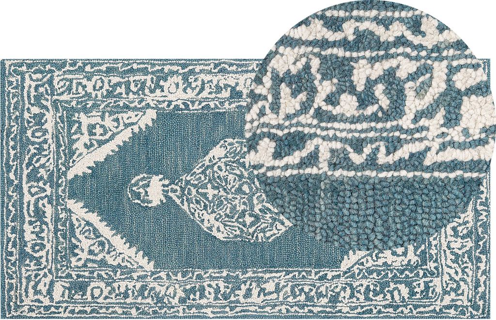 BELIANI Teppich weiß / blau Wolle 80 x 150 cm orientalisches Muster handgetuftet