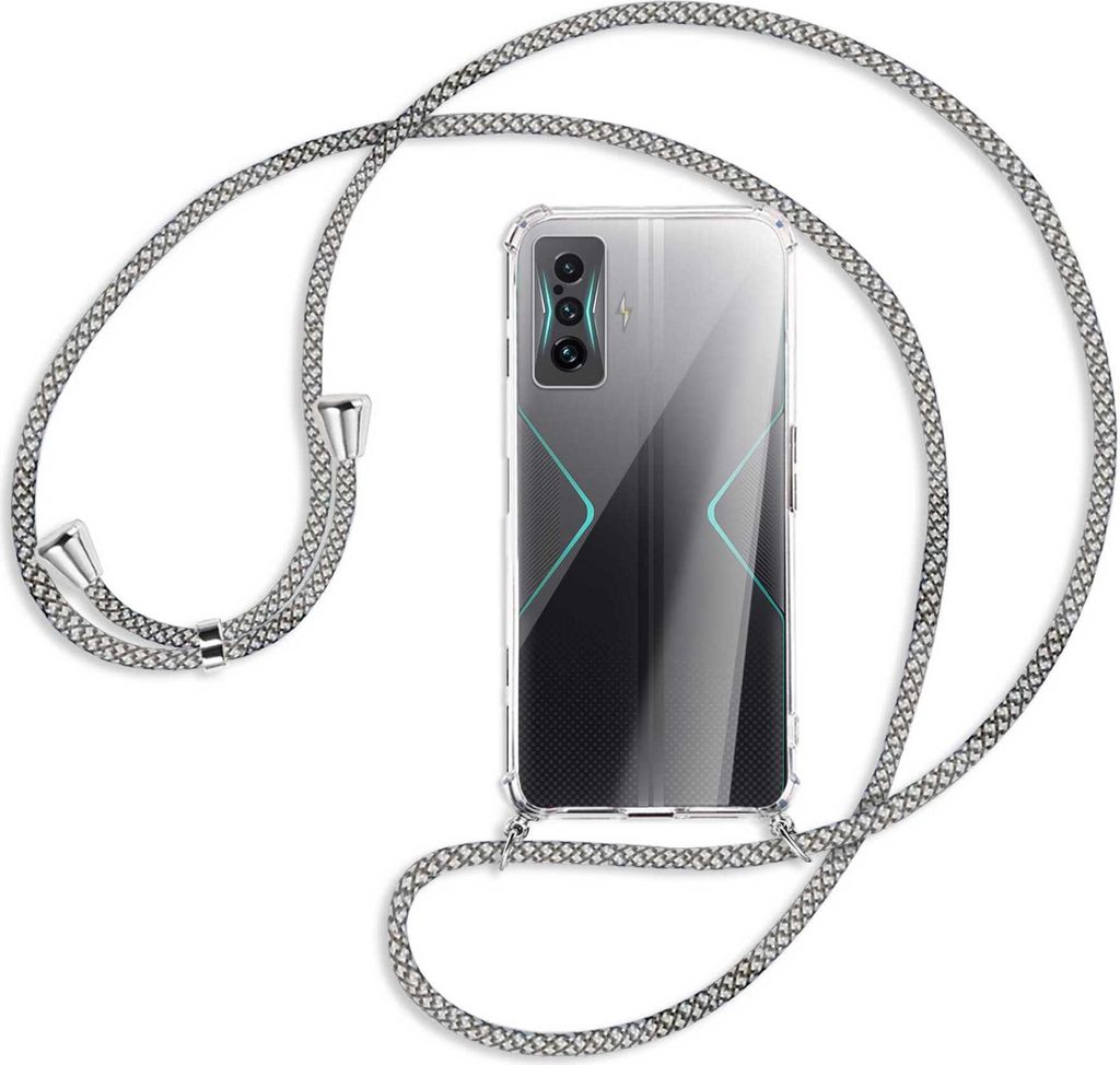 Handykette Backcover-Schutzhülle mit Band (Metall silberfarben) für Xiaomi Poco F4 GT - weiß/grau kariert