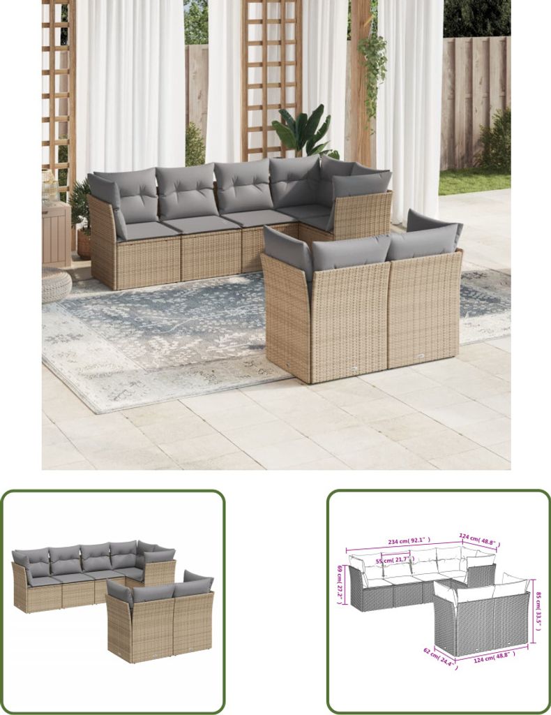 The Living Store 7-tlg. Garten-Sofagarnitur mit Kissen Beige Poly Rattan