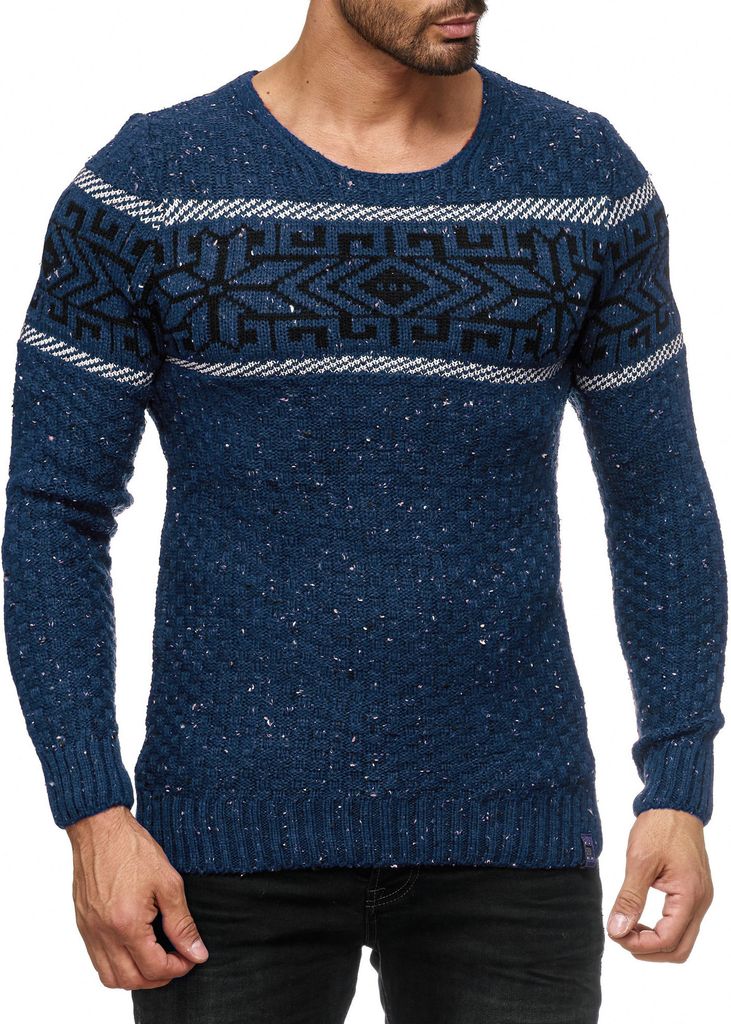 Herren Strickpullover Rundhals Norwegerpullover Muster RS-18003 Blau L