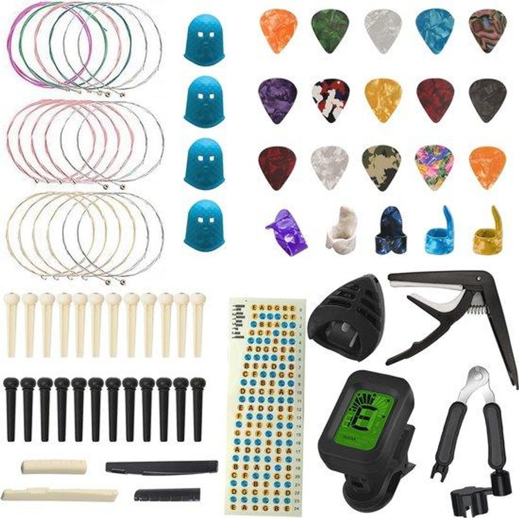 Gitarrenaccessoires-Set mit Gitarrenstimmgerät, Capo, Gitarrensaiten und Plektrum für Anfänger