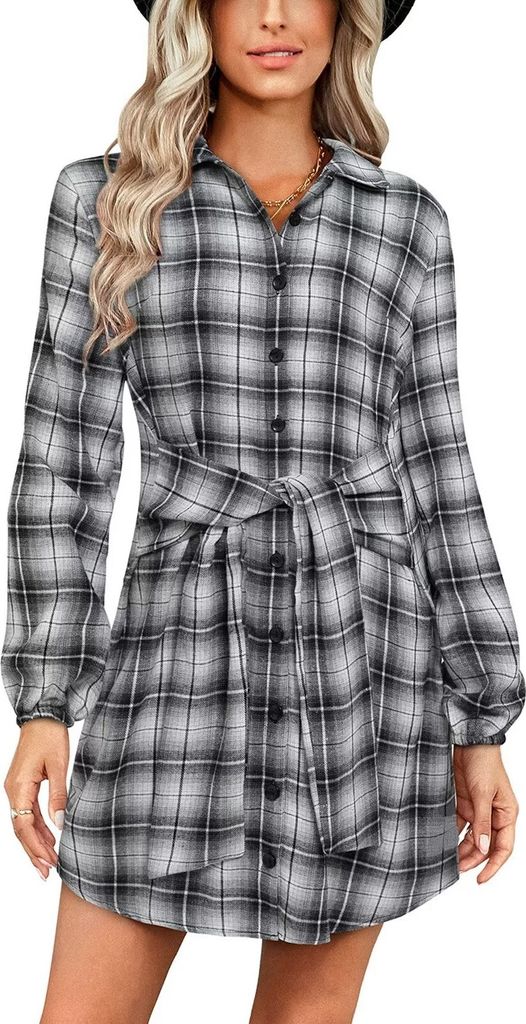 ASKSA Damen Kariert Hemdkleid Elegant Knöpfen Blusenkleid V-Ausschnitt Langarm Tunika Kleider Freizeitkleid mit Gürtel, Schwarz, S