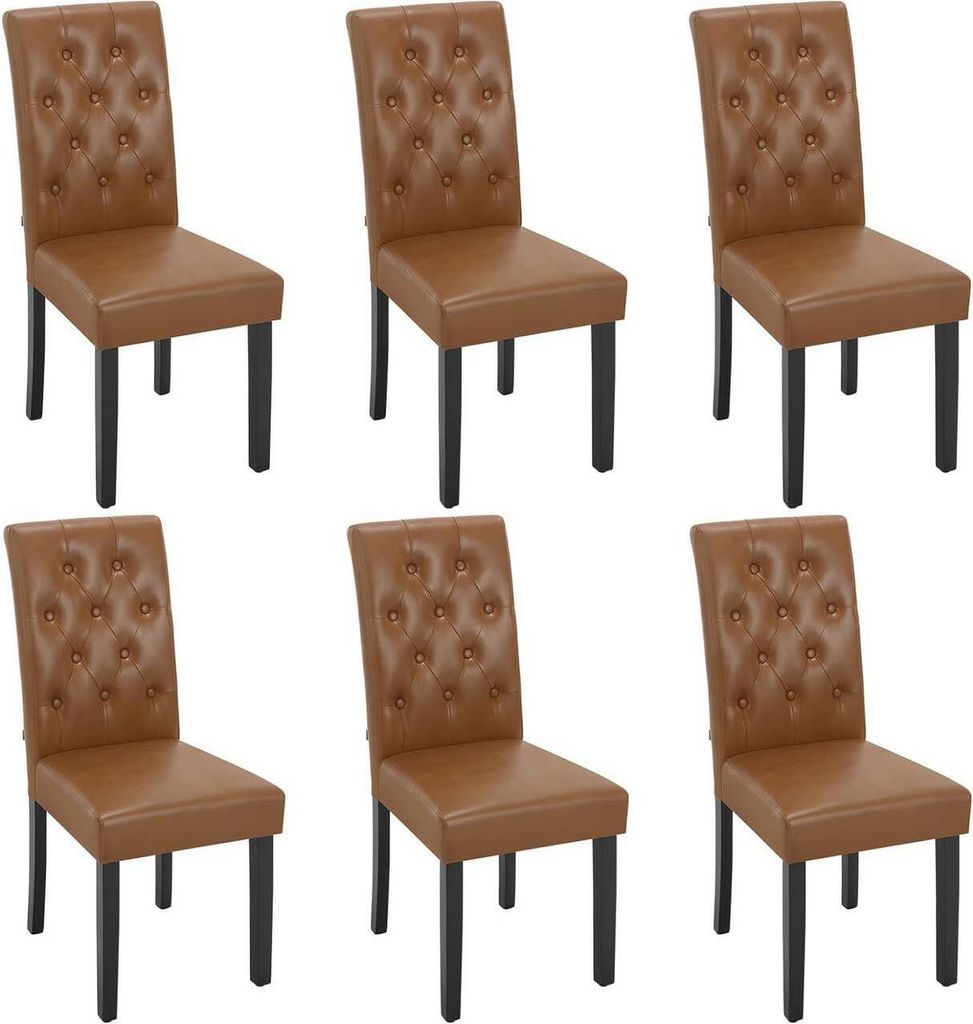 Six brown dining chairs arranged in two rows of three against a white background.