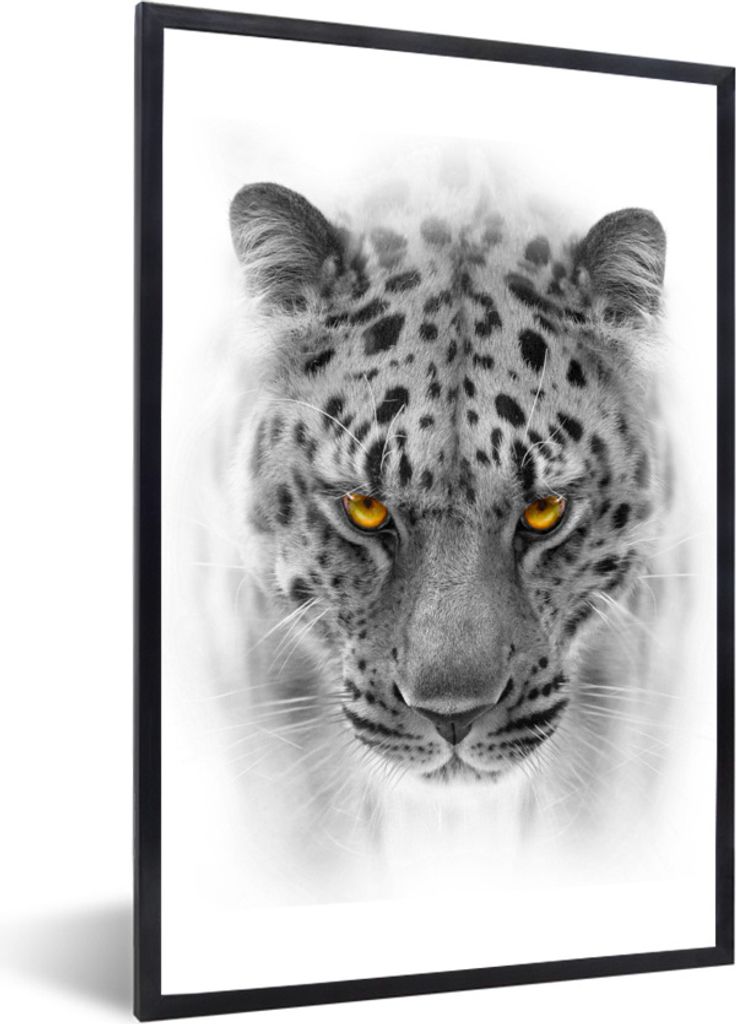 MuchoWow Gerahmtes Poster Leopard - Schwarz - Weiß - Tier 60x90 cm - Poster mit Schwarzem Bilderrahmen Wandposter Rahmen Foto Bilder - Kunst