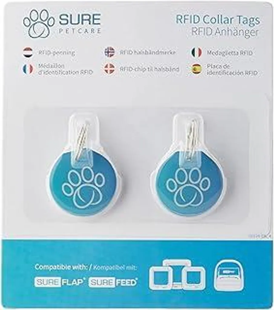 Sure Petcare RFID collare con medaglietta, compatibile con la gattaiola/porta per animali domestici con microchip SureFlap, il distributore automatico di cibo con microchip SureFeed e il distributore automatico di cibo Connect, Felaqua Connect, confezione da 2 pezzi