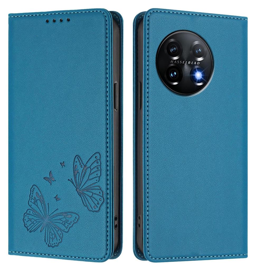 Lederhülle für OnePlus 11, Schmetterling Prägung Leder Brieftasche Schutzhülle mit Ständer Blau