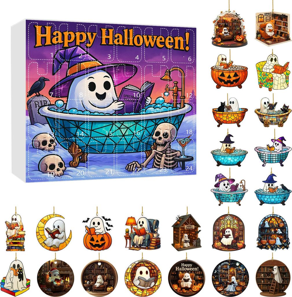 2025 Halloween Ghost Reading Ornament Set 24 Tage Adventskalender 2D Acryl Reading Ghost Countdown-Kalender für Party Decor