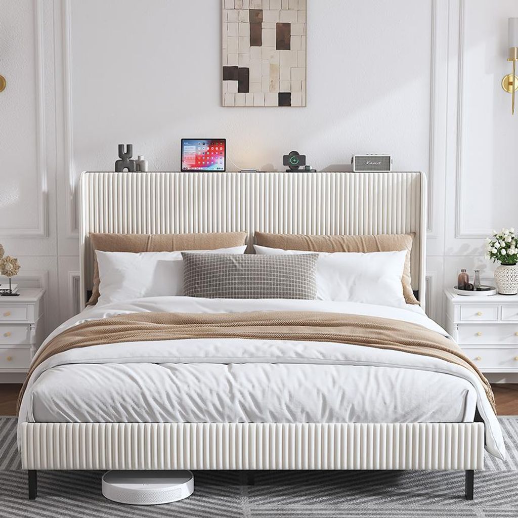 Bettrahmen gepolstertes Plattformbett mit Stoffköpfchen, Flügelkantendesign/Nicht-Rutscht- und Rauchfreien/Metalllatten/No BoxSpre 180*200