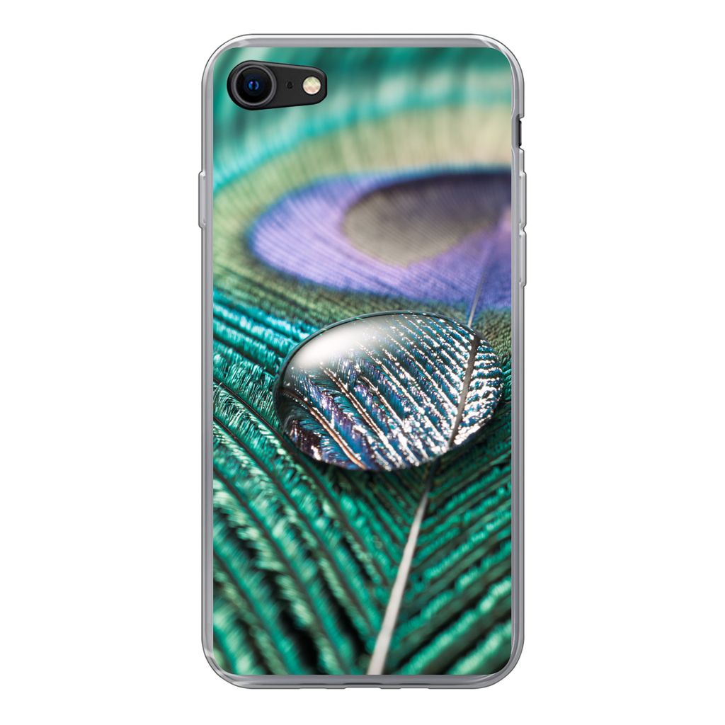 MuchoWow Handyhülle Schutzhülle Hülle für iPhone 8 Nahaufnahme eines Wassertropfens auf einer Pfauenfeder Silikon Softcase Handy Hülle - Sch...