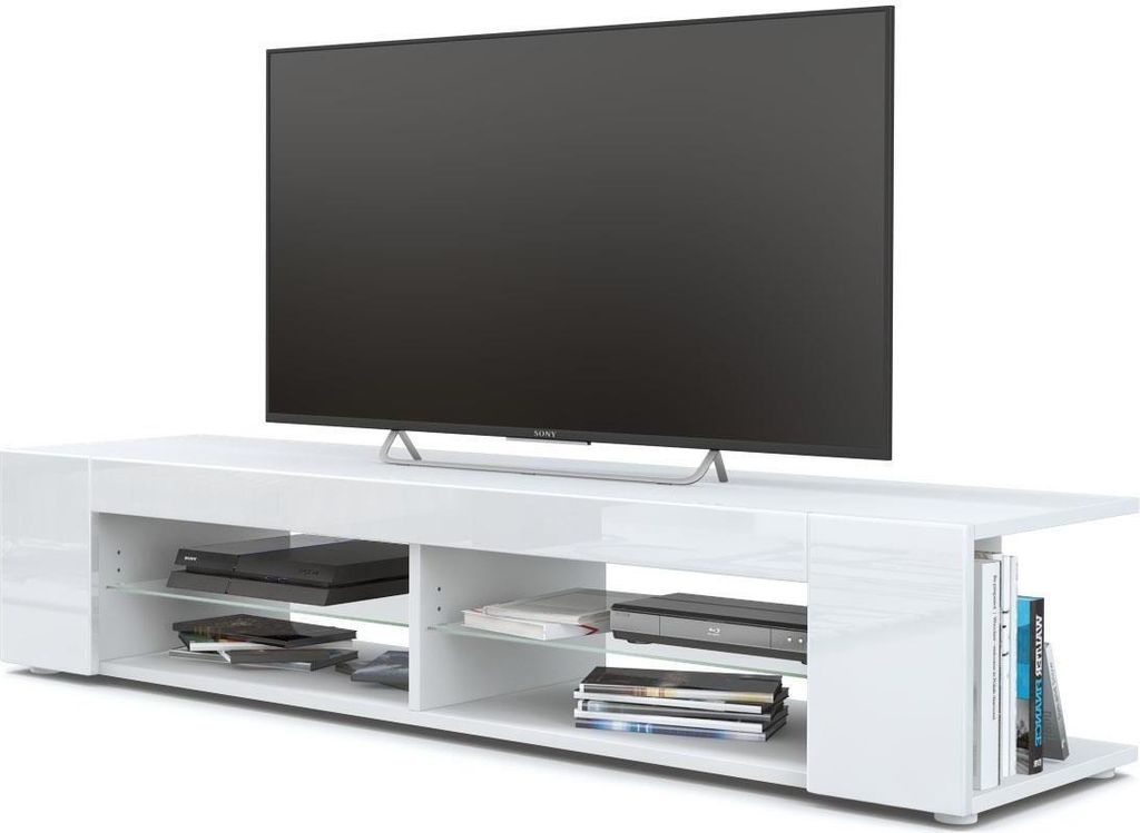 Vladon Lowboard Movie, TV-Kommode mit 4 offenen Fächern und Zierleisten, Weiß matt/Weiß Hochglanz (134 x 29 x 39 cm)