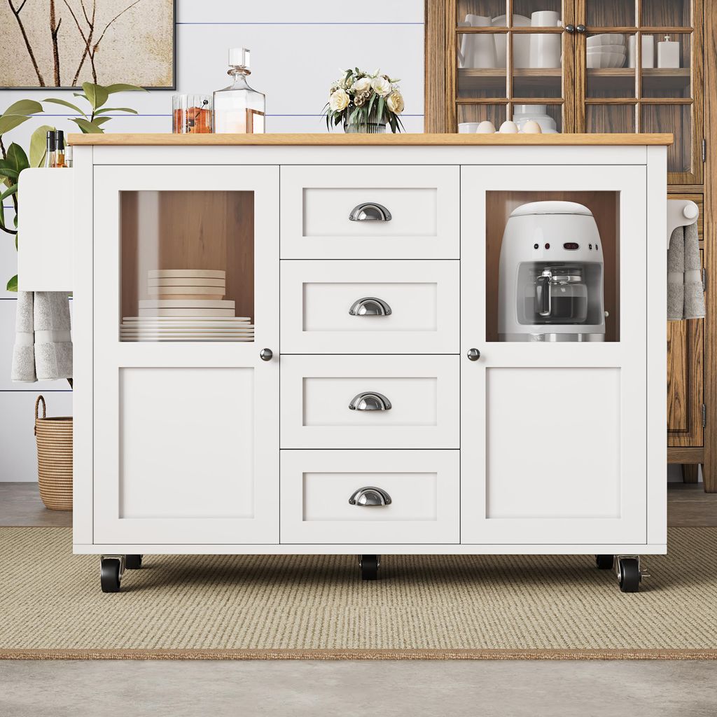 Flieks Servierwagen mit klappbarer Arbeitsplatte, moderne Kücheninsel 120x45-73x93 cm, multifunktionaler Speisewagen mit Glastür, weiß