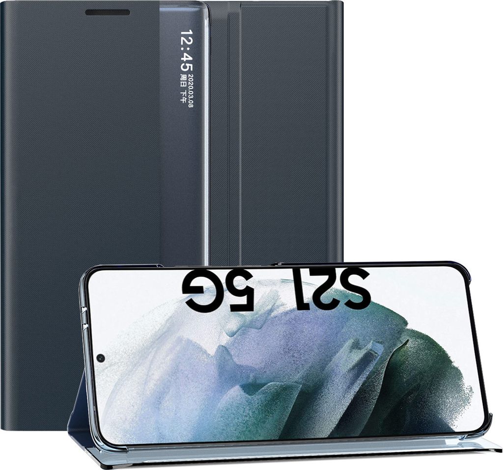 A dark blue flip case for a Samsung Galaxy S21 5G phone is shown with the phone inside, displaying the screen.