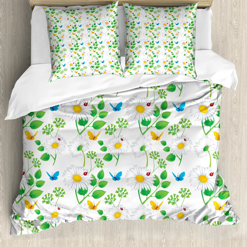 ABAKUHAUS Copripiumino con coccinelle, coccinelle su camomilla, antiacaro, adatto a chi soffre di allergie, con federe, 200 cm x 200 cm - 80 x 80 cm, bianco verde