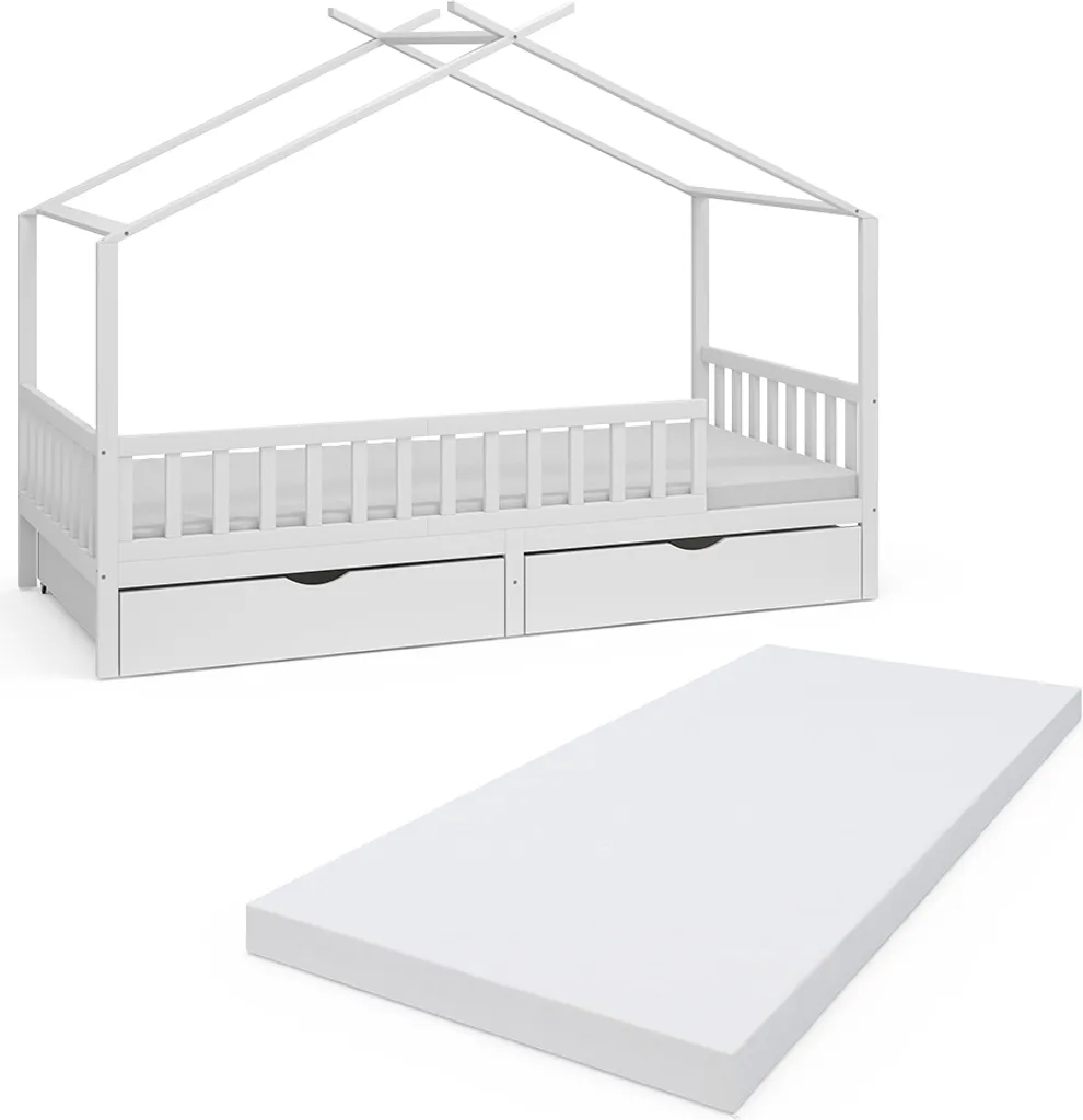 Lit cabane 90x200 cm blanc avec matelas et tiroirs pour chambre d'enfant