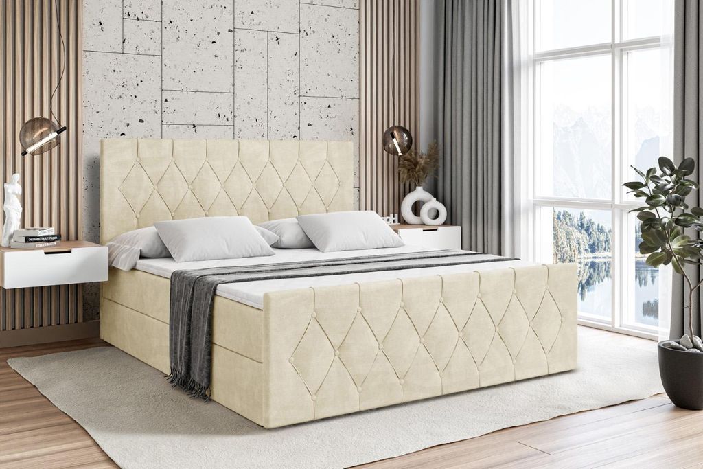 ALTDECOR Boxspringbett mit Matratze und Lattenrost - - VELANTO - 160x200 cm - Beige Monolith - Boxbett, Fußteil, Topper, Polsterbett mit Bettkaste...