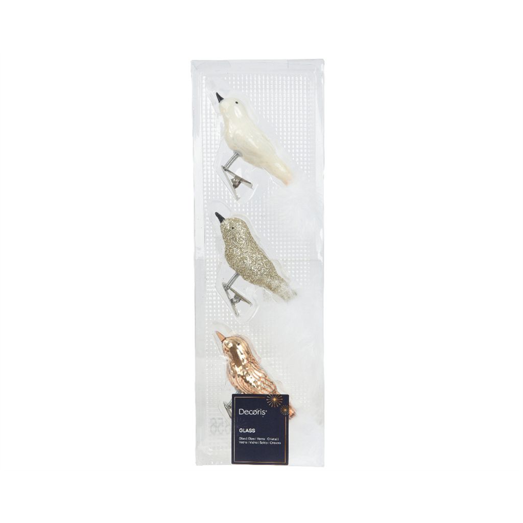 Christbaumschmuck Glas Vögel auf Clip 8cm 3er Set Creme / Braun Mix