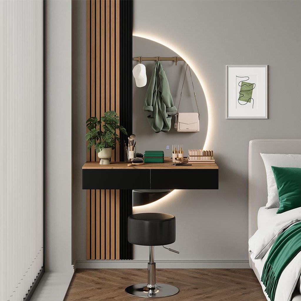 Coiffeuse Sherry Blanche Avec Miroir LED Et Tabouret Vicco, 5 Tiroirs, à Monter