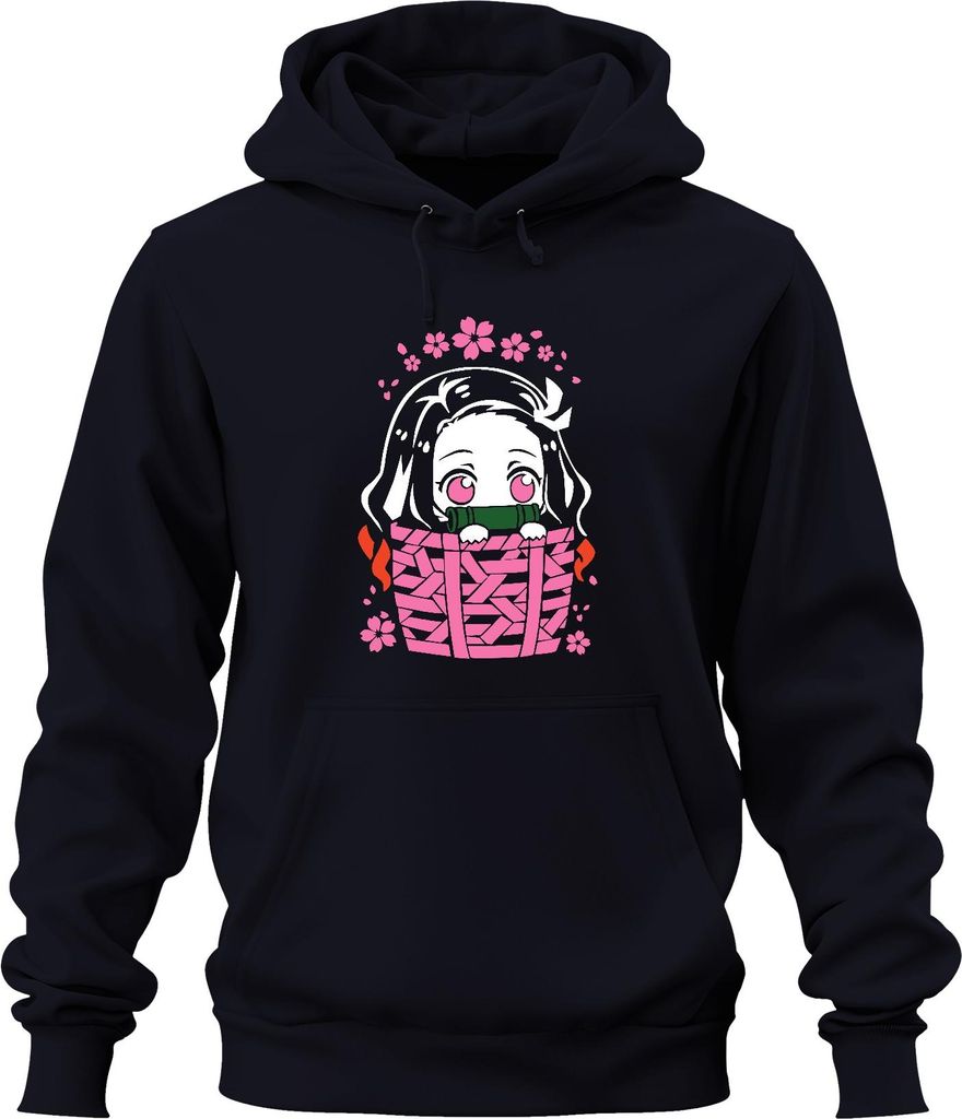 Nezuko Kimetsu No Yaiba Anime Kawaii Bambus Korb Sakura Geschenk Uni Hoodie Kapuzenpullover, Navy, 3XL
